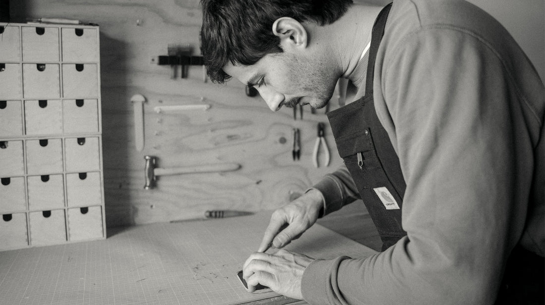 Una imagen cercana de un artesano en su taller, trabajando a mano un complemento de cuero. Se debe ver el proceso de corte o costura, con herramientas tradicionales y el material en primer plano.